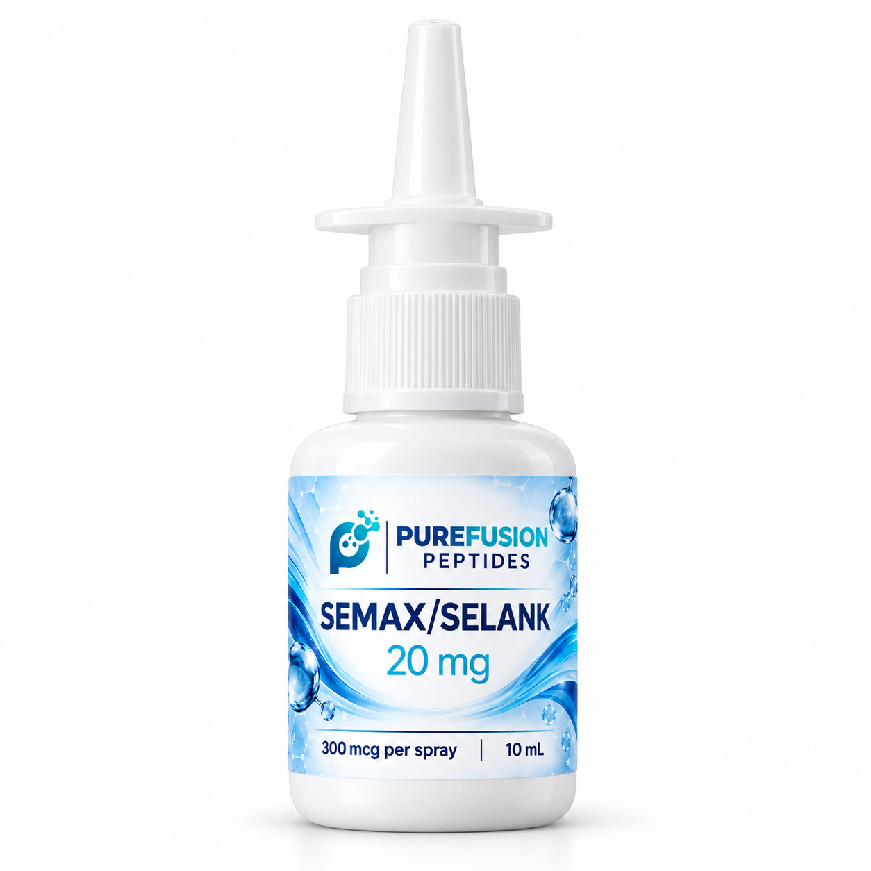 Purefusion Semax Selank 20 mg, 10 mL white spray bottle, front view